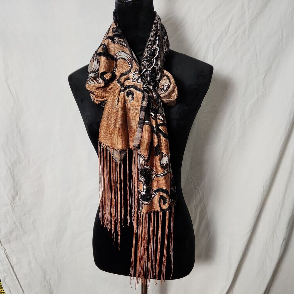 Scarf Wrap Floral Hollow Out Black Brown Fringed 64 x 17 Metallic Silver - Picture 4 of 7